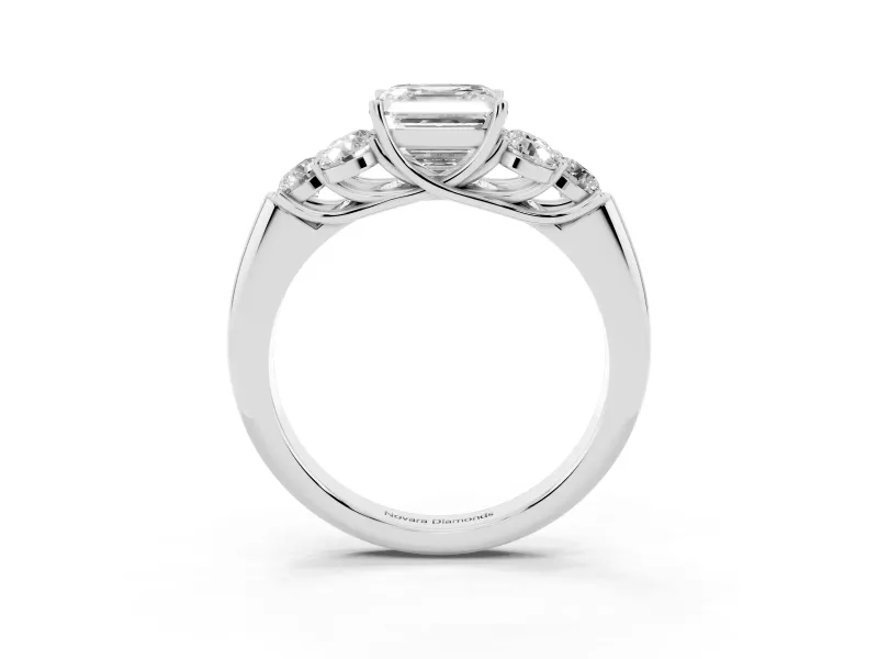 Asscher Cut Diamond Cluster Ring Set in Platinum with Round Accent Stones and Prong Setting on a Plain Band