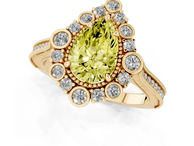 Fancy Yellow Pear Cut Diamond Halo Milgrain Pavé Ring Set in Yellow gold with Prong Setting
