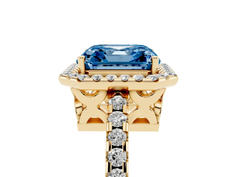 Asscher Cut Pave Halo Engagement Ring Setting for a Fancy Blue Lab-Grown Diamond | Yellow Gold