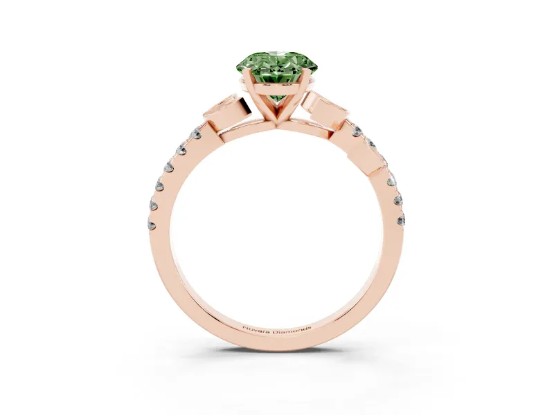 Fancy Green Oval Cut Diamond Solitaire Leaf-Inspired Ring Set in Rose gold with Pavé Band and Prong Setting