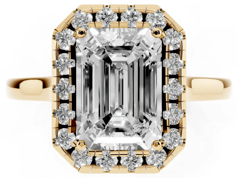 Emerald Cut Halo Round Diamond Solitaire Ring Set in Yellow gold with Pavé Band and Prong Setting