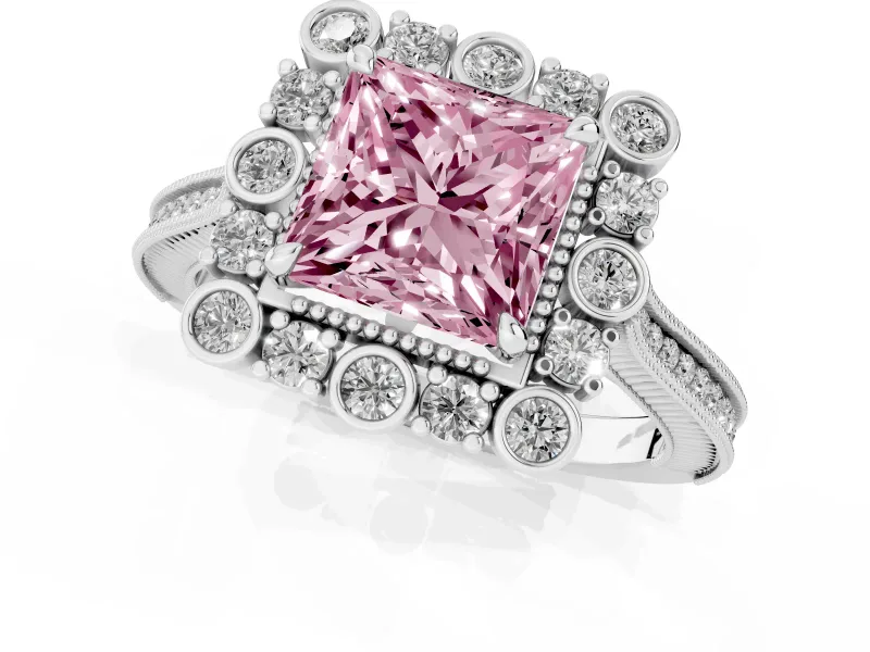 Princess Cut Scalloped Halo Engagement Ring Setting for a Fancy Pink Lab-Grown Diamond | Milgrain Edges | Platinum