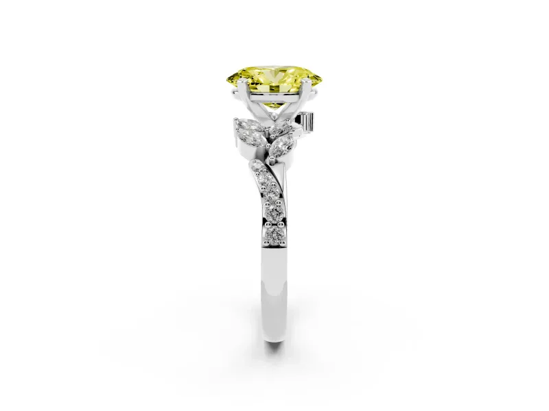 Fancy Yellow Oval Cut Diamond Solitaire Ring Set in White gold with Marquise Twist Band and Prong Setting