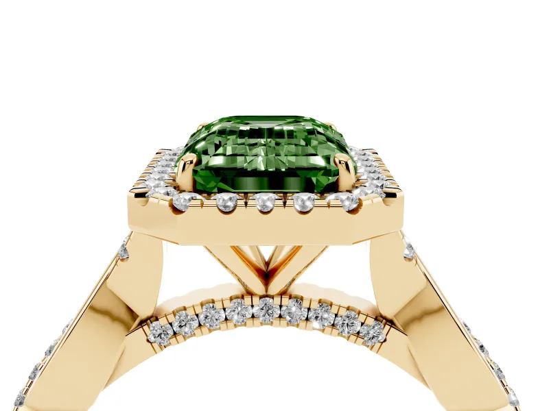 Emerald Cut Twist Halo Engagement Ring Setting for a Fancy Green Lab-Grown Diamond | Yellow Gold