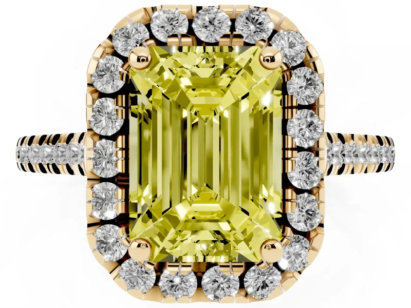 Emerald Cut Halo Engagement Ring Setting for a Fancy Yellow Lab-Grown Diamond | Tapered Band | Yellow Gold