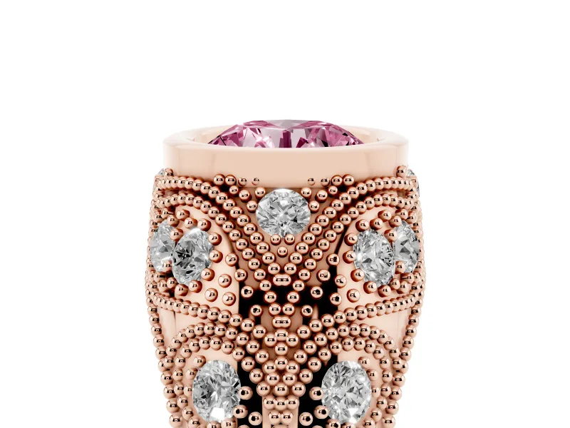 Fancy Pink Round Cut Diamond Bezel Ring Set in Rose gold with Milgrain Accent Band