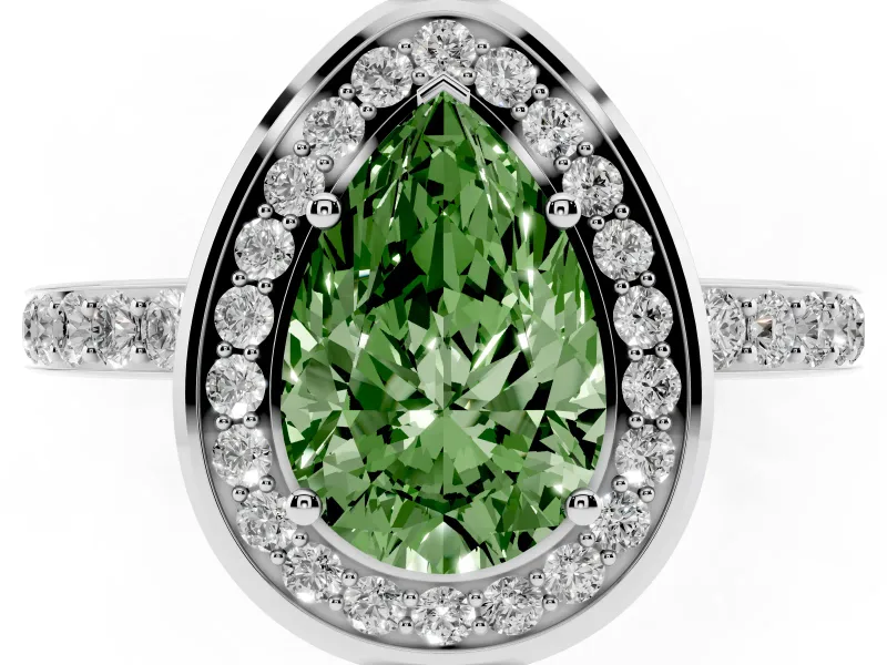 Fancy Green Pear Cut Diamond Halo Ring Set in Silver with Bezel Frame and Pavé Band