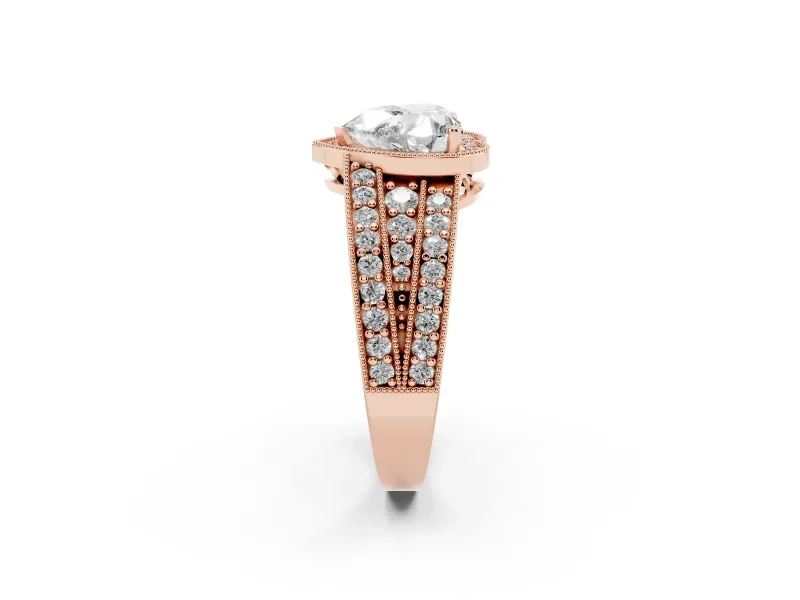 Heart Cut Diamond Halo Ring Set in Rose gold with Accent Split Shank and Prong Setting