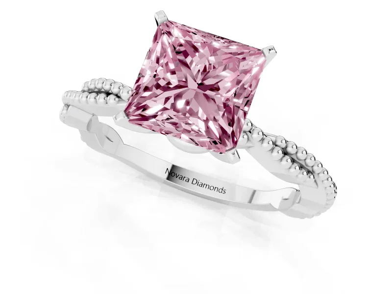 Fancy Pink Princess Cut Diamond Solitaire Ring Set in Platinum with Twisted Band and Bead Prong Setting
