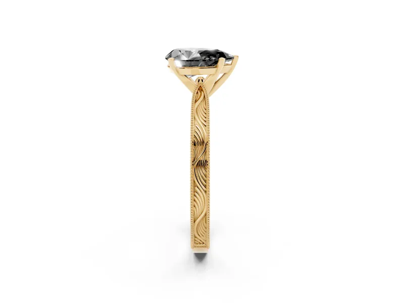 Fancy Black Pear Cut Diamond Solitaire Milgrain Engraved Band Set in Yellow gold with Prong Setting