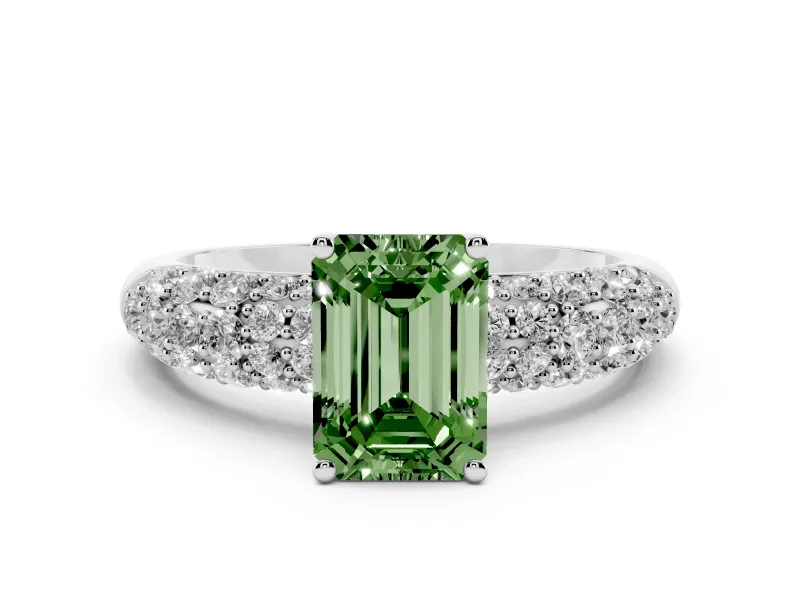 Fancy Green Emerald Cut Diamond Pavé Band Solitaire Ring Set in Platinum with Close-Set Accent Stones and Prong Setting