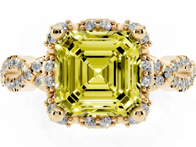 Fancy Yellow Asscher Cut Diamond Halo Twist Band Solitaire Ring Set in Yellow gold with Prong-Set Center Stone