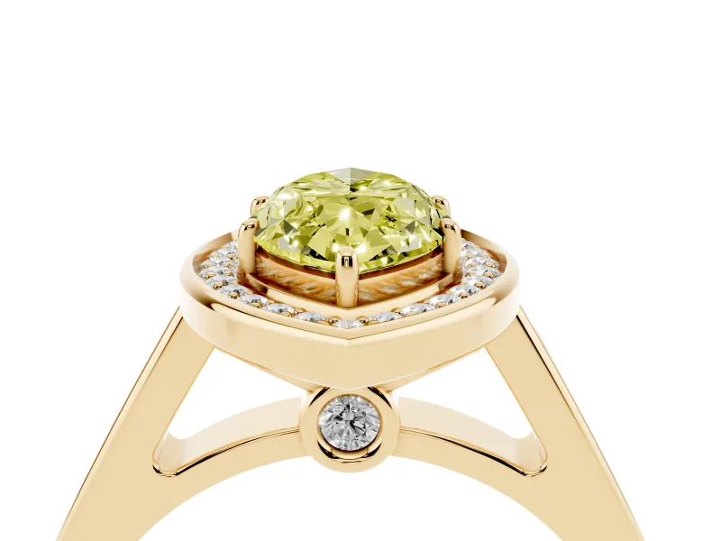 Fancy Yellow Marquise Cut Diamond Halo Solitaire Ring Set in Yellow gold with Pavé Band and Bezel Setting