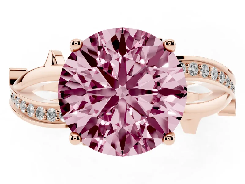 Fancy Pink Round Cut Diamond Pavé Twist Band Solitaire Ring Set in Rose gold with Prong Setting