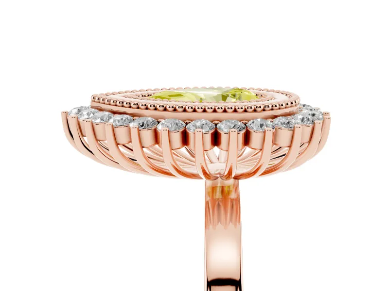 Fancy Yellow Pear Cut Diamond Halo Ring Set in Rose gold with Milgrain Edge and Round Prong Setting