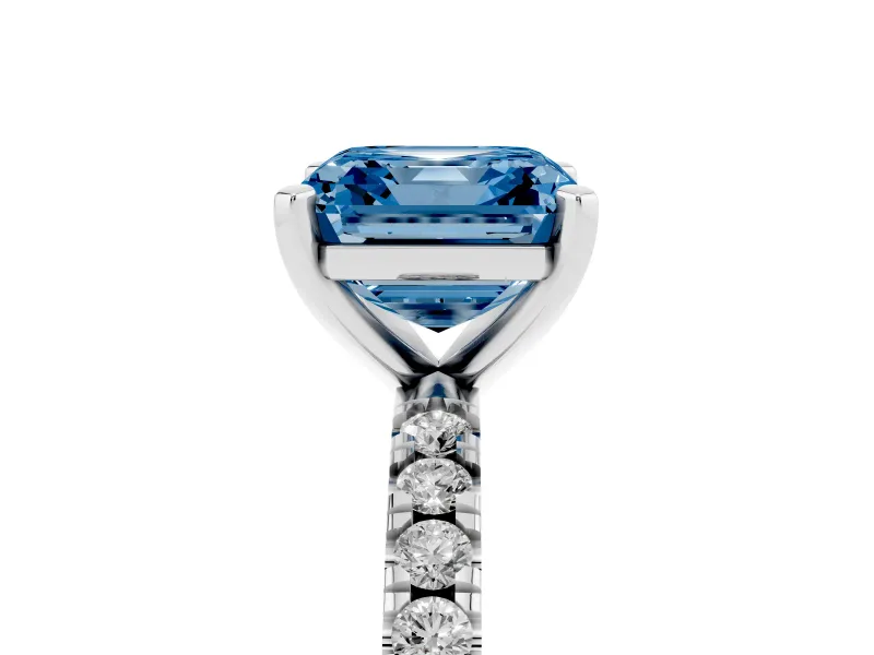 Fancy Blue Asscher Cut Diamond Pavé Band Solitaire Set in Silver with Prong Setting
