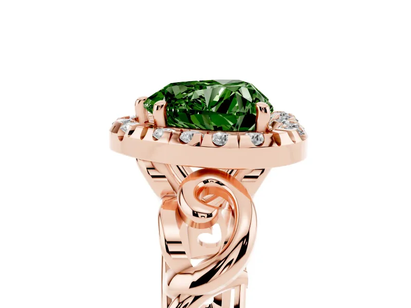 Fancy Green Heart Cut Diamond Halo Ring Set in Rose gold with Scrollwork Band and Prong Setting