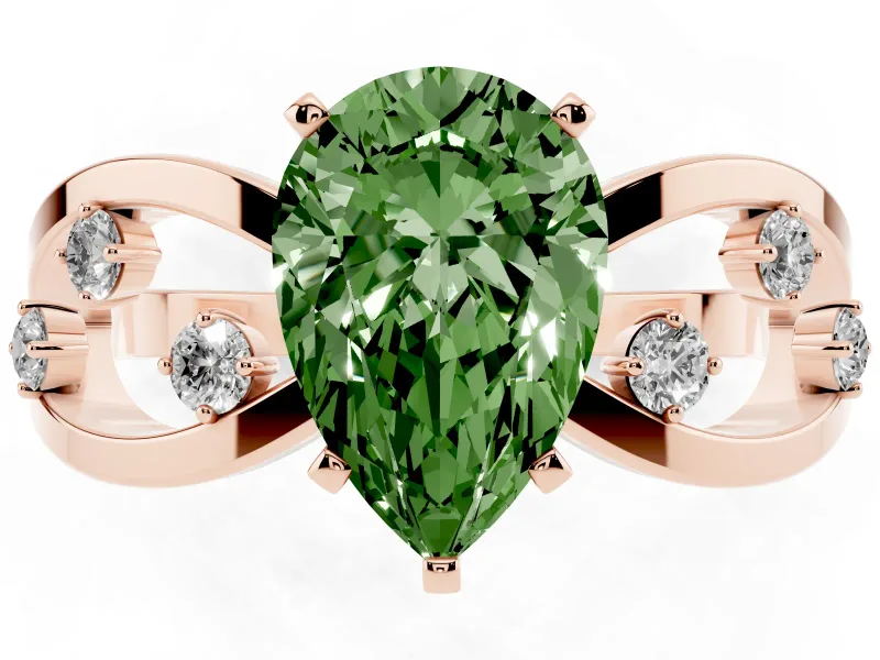 Fancy Green Pear Cut Diamond Solitaire Ring Set in Rose gold with Side Stones on Criss-Cross Band and Prong Setting