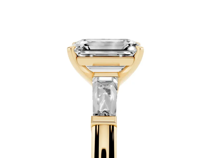 Emerald Cut Three Stone Engagement Ring Setting | Tapered Baguettes | Yellow Gold
