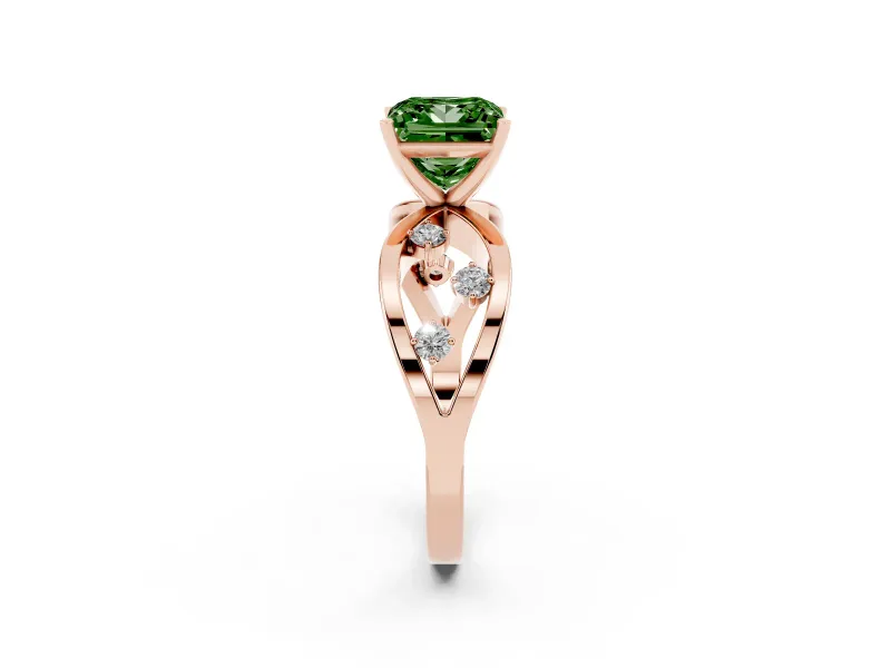 Fancy Green Princess Cut Diamond Solitaire Ring Set in Rose gold with Side Stones on Criss-Cross Band and Prong Setting