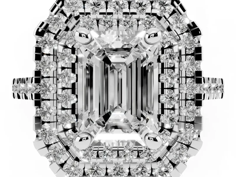 Emerald Cut Diamond Double Halo Statement Ring Set in Platinum with Pavé Band
