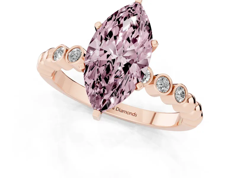 Fancy Pink Marquise Cut Diamond Solitaire Engagement Ring Set in Rose gold with Bezel Accents on Beaded Band