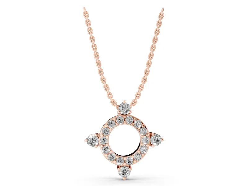 Round Lab-Grown Diamond Pavé Open Circle Pendant Necklace | Compass Accents | Rose Gold