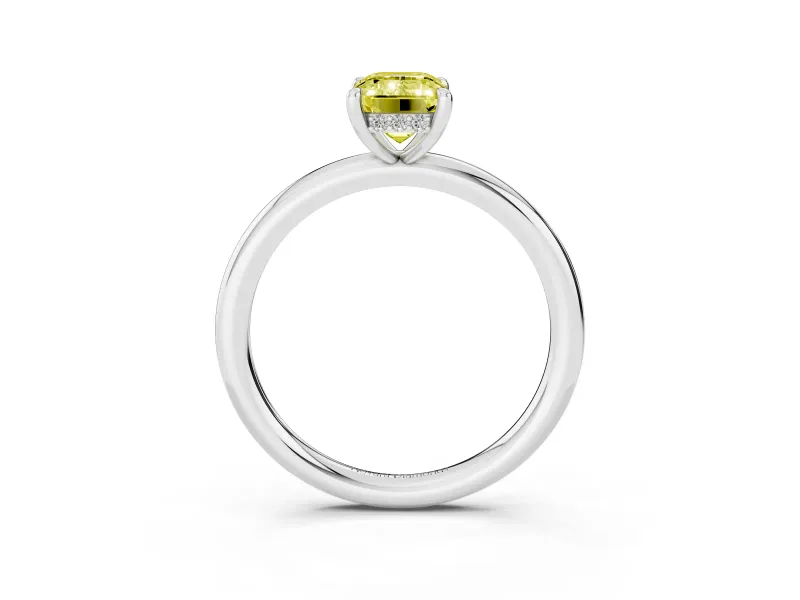 Fancy Yellow Emerald Cut Diamond Solitaire Ring Set in Platinum with Thin Band and Prong Setting