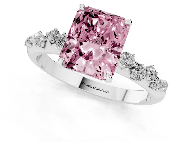 Fancy Pink Radiant Cut Diamond Cluster Solitaire Ring Set in Silver with Prong Setting