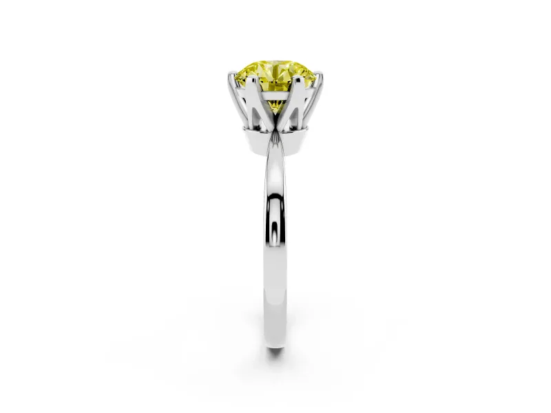 Fancy Yellow Round Cut Diamond Solitaire Engagement Ring Set in Silver with Slim Tapered Solitaire Band