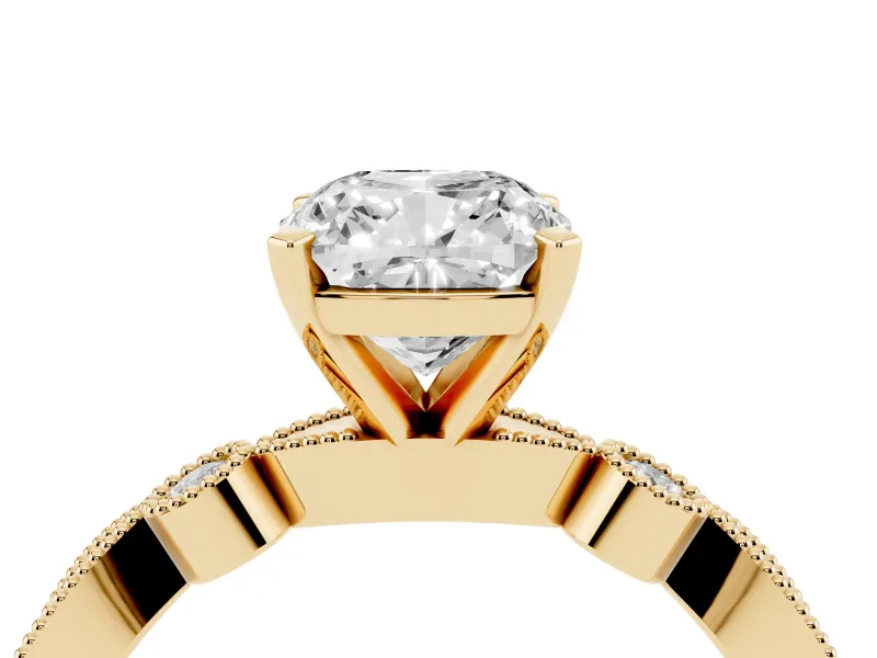Cushion Cut Diamond Solitaire Engagement Ring Set in Yellow gold with Milgrain Bezel Accent Band