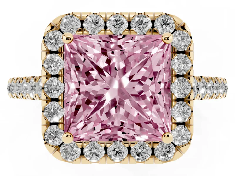 Princess Cut Halo Engagement Ring Setting for a Fancy Pink Lab-Grown Diamond | Pave Shoulders | Yellow Gold