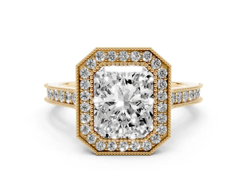 Radiant Cut Diamond Halo Milgrain Pavé Band Ring Set in Yellow gold with Prong Setting