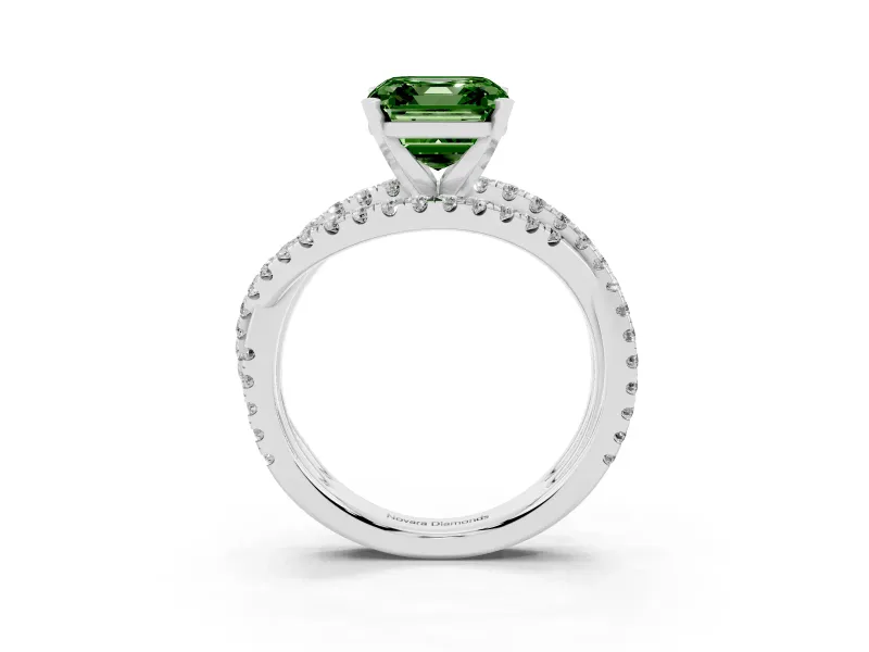 Fancy Green Asscher Cut Diamond Solitaire Twist Band Ring Set in Silver with Pavé Setting and Prong Head