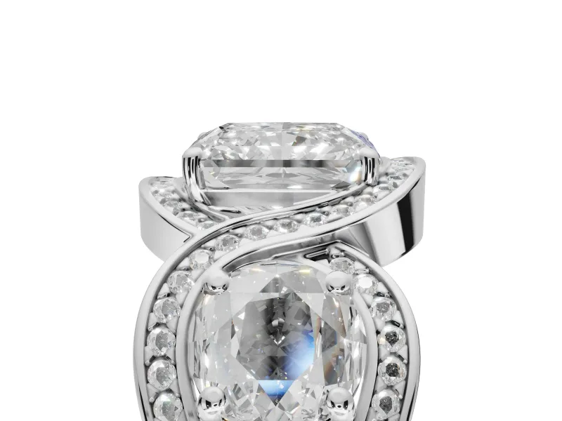 Radiant Cut Three Stone Halo Engagement Ring Setting | Pavé Wave Band | Platinum
