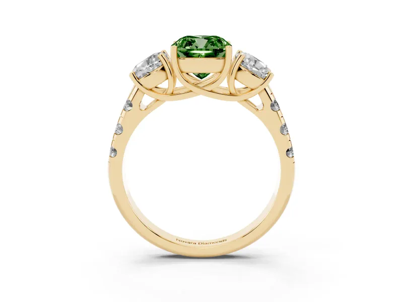 Fancy Green Cushion Cut Diamond Three-Stone Ring Set in Yellow gold with Pavé Band