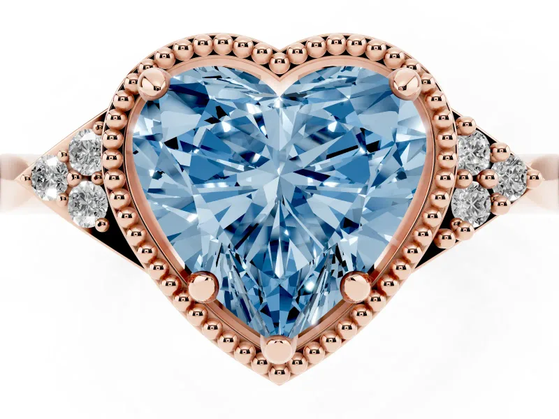 Fancy Blue Heart Cut Diamond Milgrain Solitaire Ring Set in Rose gold with Tapered Pavé Band and Prong Setting