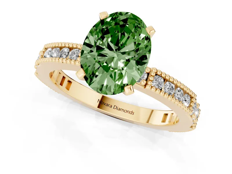 Oval Vintage Pavé Engagement Ring Setting for a Fancy Green Lab-Grown Diamond | Yellow Gold