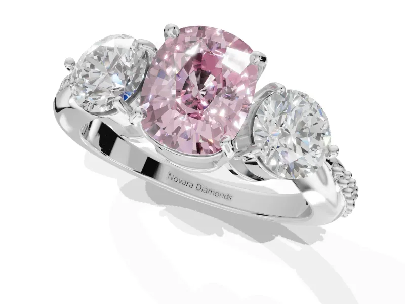 Cushion Cut Three Stone Engagement Ring Setting for a Fancy Pink Lab-Grown Diamond | Tapered Pave Band | Platinum