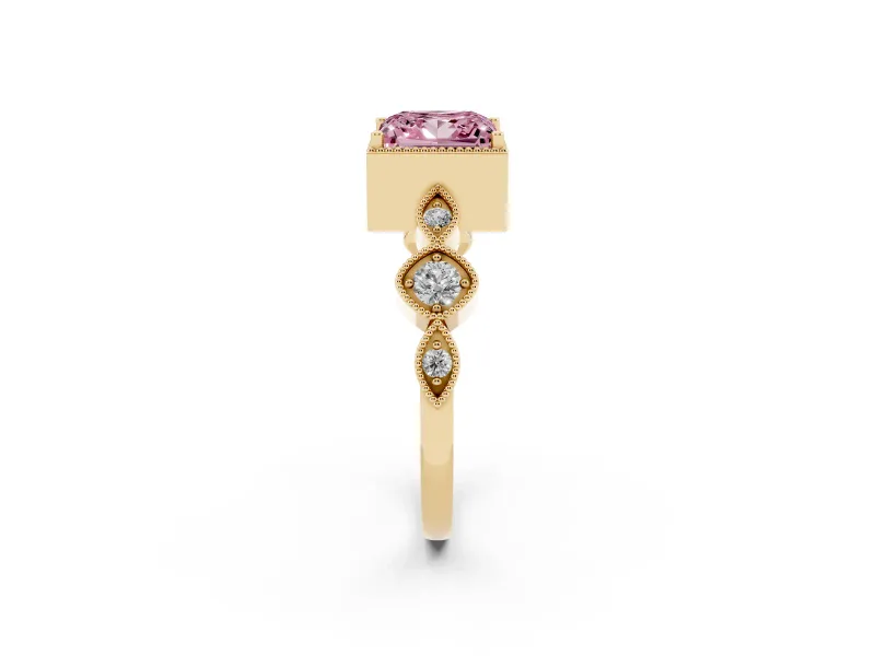 Princess Cut Vintage Milgrain Engagement Ring Setting for a Fancy Pink Lab-Grown Diamond | Yellow Gold