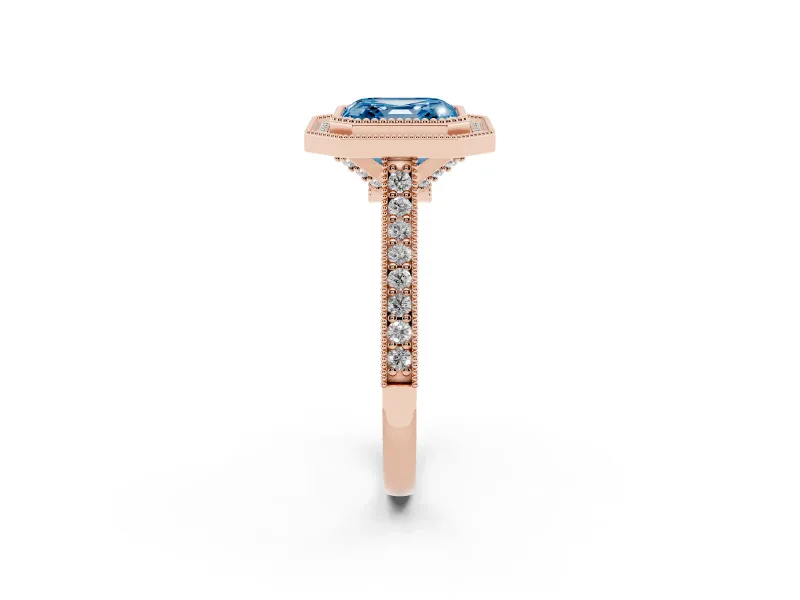 Asscher Cut Vintage Milgrain Halo Engagement Ring Setting for a Fancy Blue Lab-Grown Diamond | Bezel Head | Rose Gold