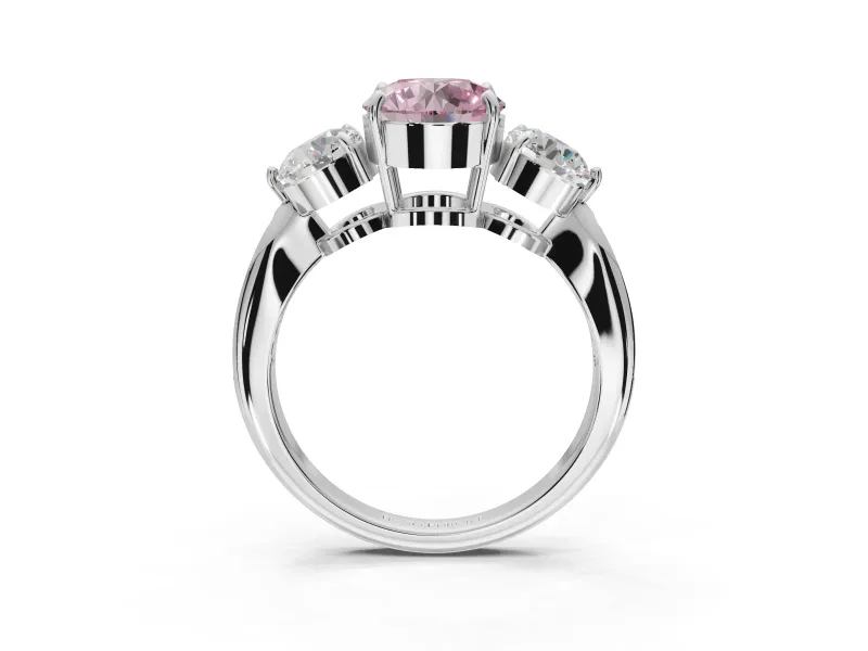 Round Three Stone Engagement Ring Setting for a Fancy Pink Lab-Grown Diamond | Tapered Pave Band | Platinum