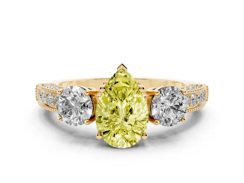 Fancy Yellow Pear Cut Diamond Three-Stone Ring Set in Yellow gold with Round Side Stones and Pavé Band