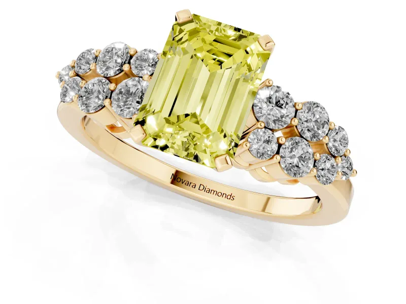 Fancy Yellow Emerald Cut Diamond Cluster Engagement Ring Set in Yellow gold with Pavé Band and Prong Setting