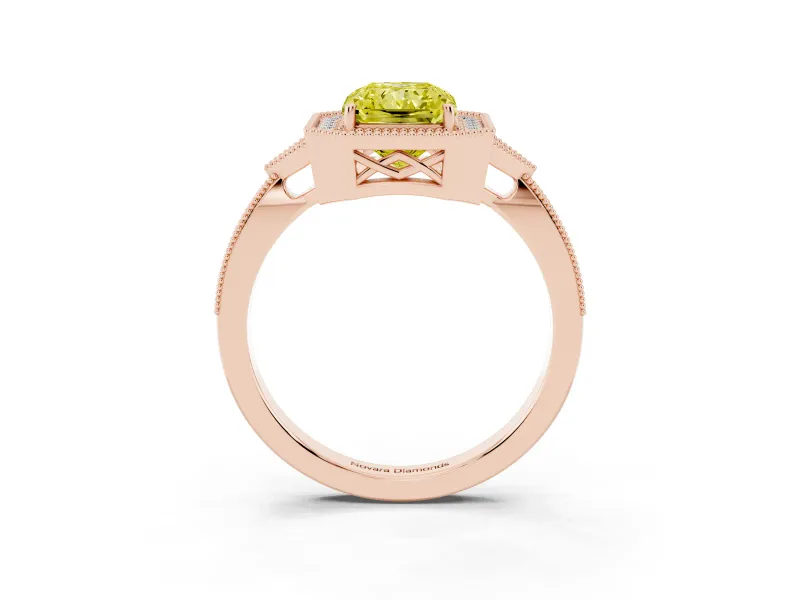Fancy Yellow Radiant Cut Diamond Halo Engagement Ring Set in Rose gold with Milgrain Pavé Band