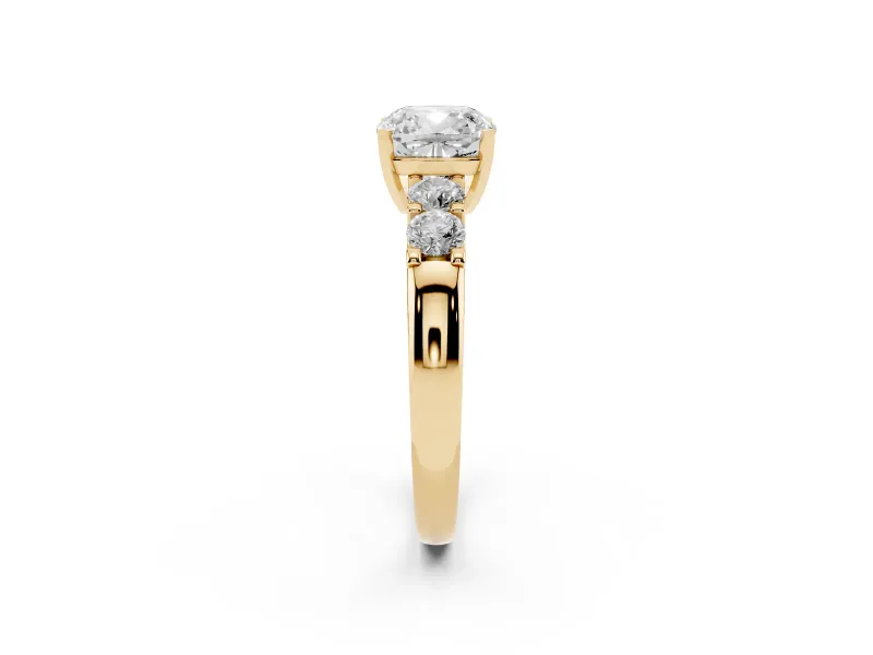 Cushion Cut Diamond Five-Stone Prong Set Engagement Ring Set in Yellow gold with Channel Band