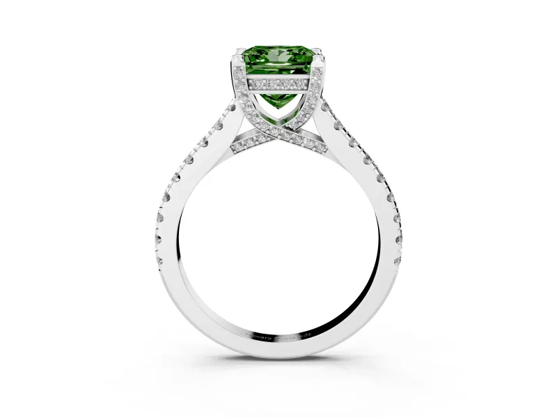 Princess Cut Hidden Halo Pave Engagement Ring Setting for a Fancy Green Lab-Grown Diamond | Claw Prongs | Platinum