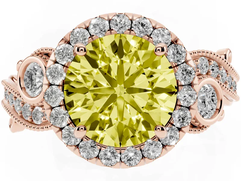 Fancy Yellow Round Cut Diamond Halo Ring Set in Rose gold with Milgrain Pavé Band and Prong Setting