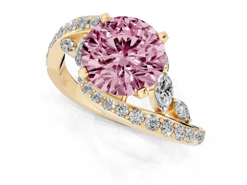 Round Bypass Engagement Ring Setting for a Fancy Pink Lab-Grown Diamond | Yellow Gold