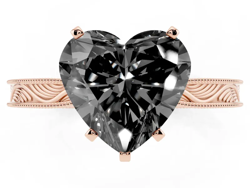 Fancy Black Heart Cut Diamond Solitaire Milgrain Engraved Band Set in Rose gold with Prong Setting